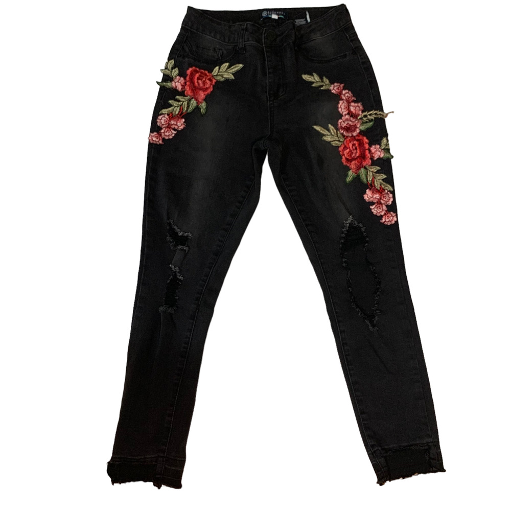Boom Boom Black High Rise Distressed Jeans W/Floral Applicates